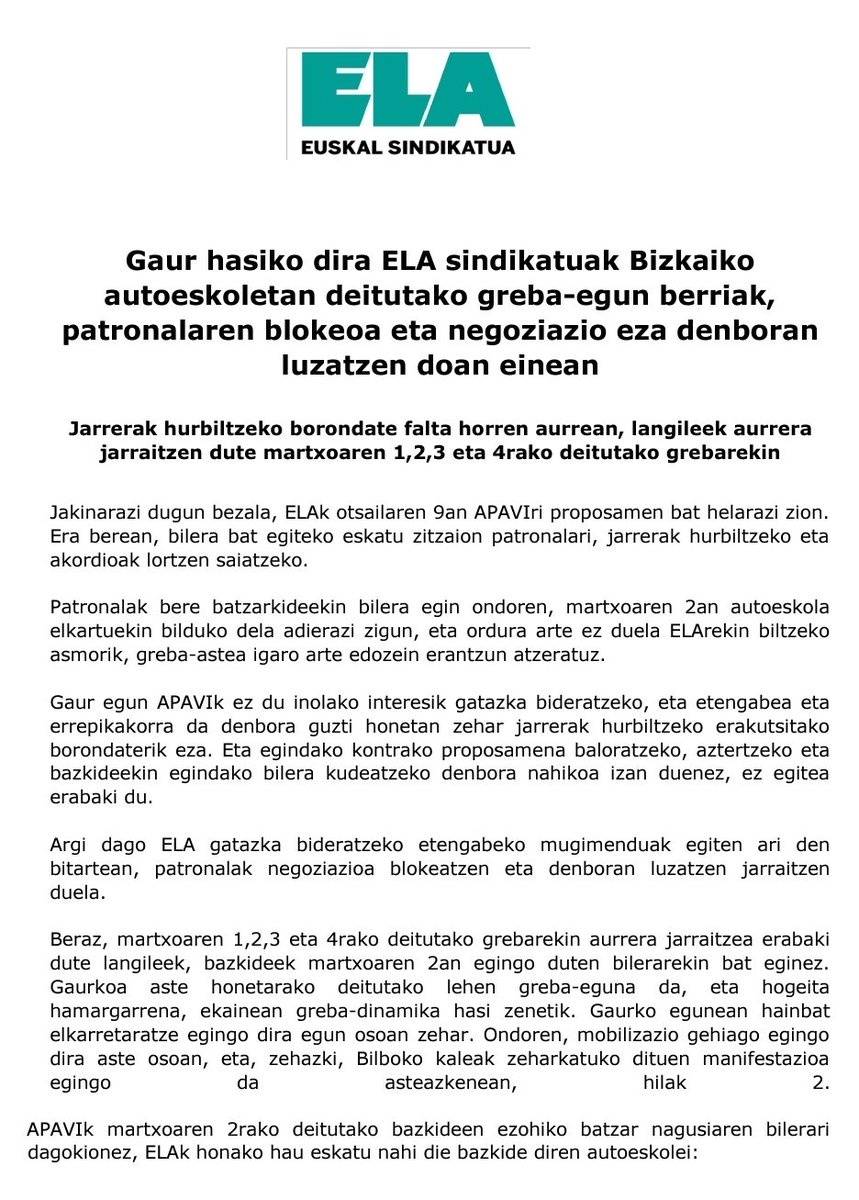 ELAHezkuntza's tweet photo. 🛵🛻🚙Atzo hasi ziren @ELAsindikatua-k Bizkaiko autoeskoletan deitutako greba-egun berriak, #APAVI patronalaren blokeoa & negoziazio eza agerikoak dira. Jarrerak hurbiltzeko borondate falta horren aurrean, langileek aurrera jarraitzen dute deitutako grebarekin
Info osoa
👇👇 https://t.co/wv5ajCXAm9