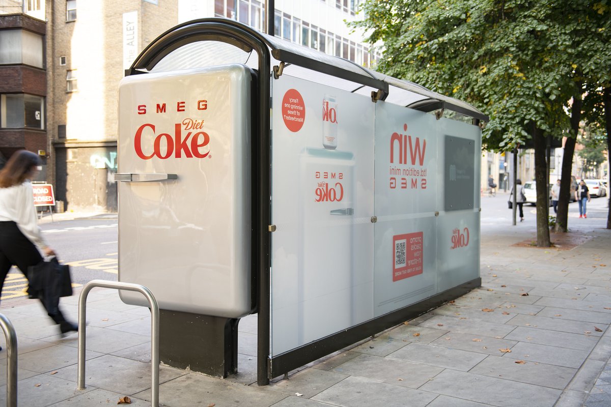 stewartsignsuk's tweet photo. We recently helped @JCDecaux_UK  bring to life Diet Coke's latest campaign ‘Just for the chill of it’ by making these bus shelters look like giant versions of the limited edition Diet Coke x Smeg drinks fridges.

#stewartsigns #OOH #outofhomeadvertising #interactiveadvertising https://t.co/uqctqqTEIN