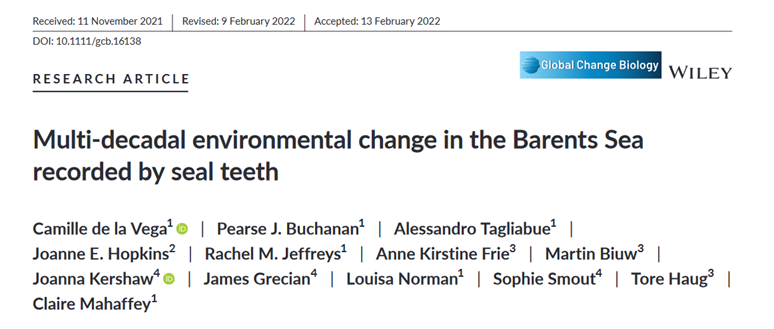 Paper lead by @CamilleDLVega and myself used seal teeth, isotopes, models, and telemetry to understand the drivers of long-term changes in the Barents Sea. We see anthropogenic signals in seawater properties since at least the 1950s! Check it out here -- onlinelibrary.wiley.com/doi/10.1111/gc…