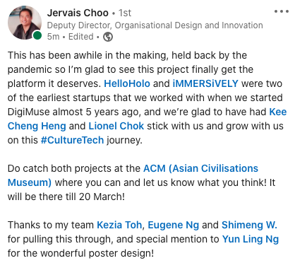 iMMERSiVELYVR's tweet photo. Catch both #XR projects (from @HelloHolo &amp; @iMMERSiVELY) at the ACM (Asian Civilisations Museum) - now on till 20 March! BIG thanks to all @NHB @Digimuse! https://t.co/VQHTKBVZlf