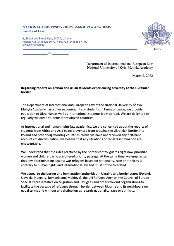 NaUKMA_PIL's tweet photo. We appeal to the border and immigration authorities in Ukraine and border states, @Refugees  @CoESR_migration, other involved organisations to facilitate the passage of refugees from UA into its neighbour states without any distinction as regards nationality, race or ethnicity https://t.co/dOW9ZYh7qe