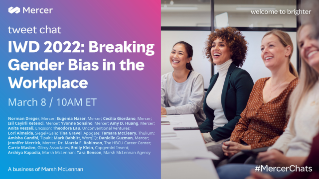 Will 2022 be an inflection point in the push for #gender parity? We'll discuss how employers can #BreakTheBias in our next #MercerChats Mar 8 at 10:00 AM EDT w/ <a href="/YvonneSonsino/">Yvonne Sonsino</a>, <a href="/MarciaFRobinson/">Marcia F Robinson</a>, <a href="/CarrieMaslen/">carrie maslen</a>, <a href="/NormanDreger/">Norman Dreger</a>, <a href="/GuzmanD/">⭐️Danielle Guzman ⭐️</a> &amp; others. #IWD2022 bit.ly/3hxXkb2