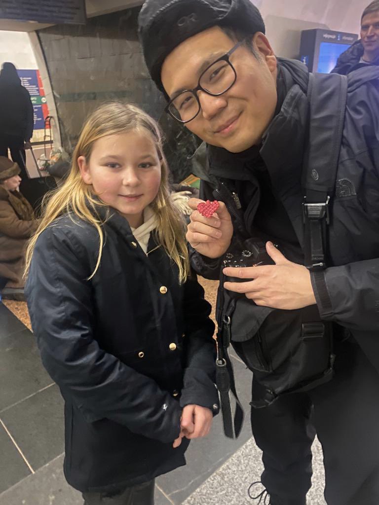 Day 7 of Russian invasion: Reporting in a Kyiv subway station when out of nowhere 9-year-old Uliana tapped me on my arm. She gifted me a heart-shaped embroidery she had been working on while seeking shelter underground with her family from air raids. 📸 courtesy of mom. #ukraine