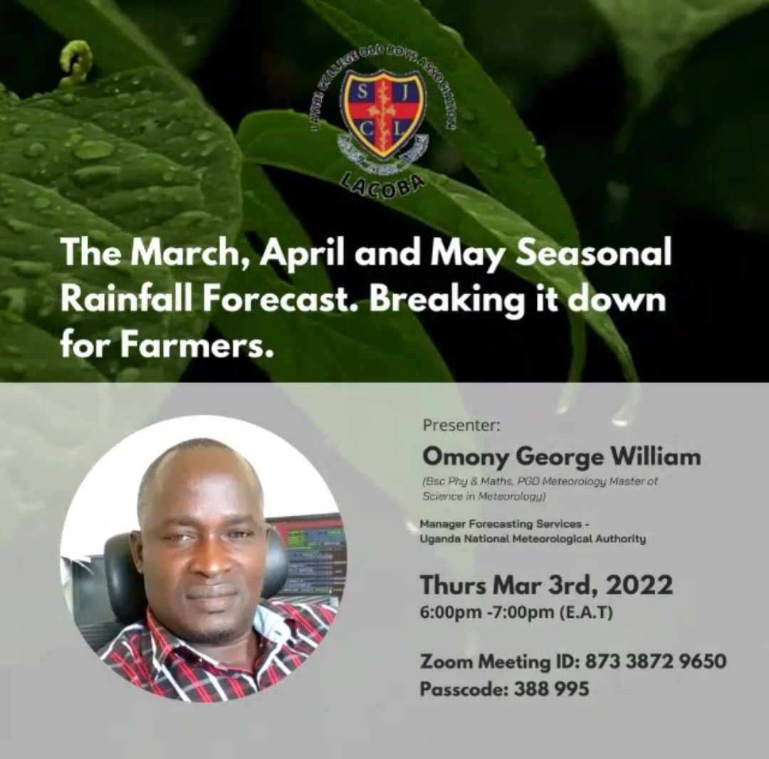 Meteorological Services (@meteouganda) on Twitter photo Join the Manager Forecasting Services at <a href="/MeteoUganda/">Meteorological Services</a> this Thursday from 6pm - 7pm as he breaks down the March - May 2022 seasonal forecast for farmers. Join the Manager Forecasting Services at <a href="/MeteoUganda/">Meteorological Services</a> this Thursday from 6pm - 7pm as he breaks down the March - May 2022 seasonal forecast for farmers.