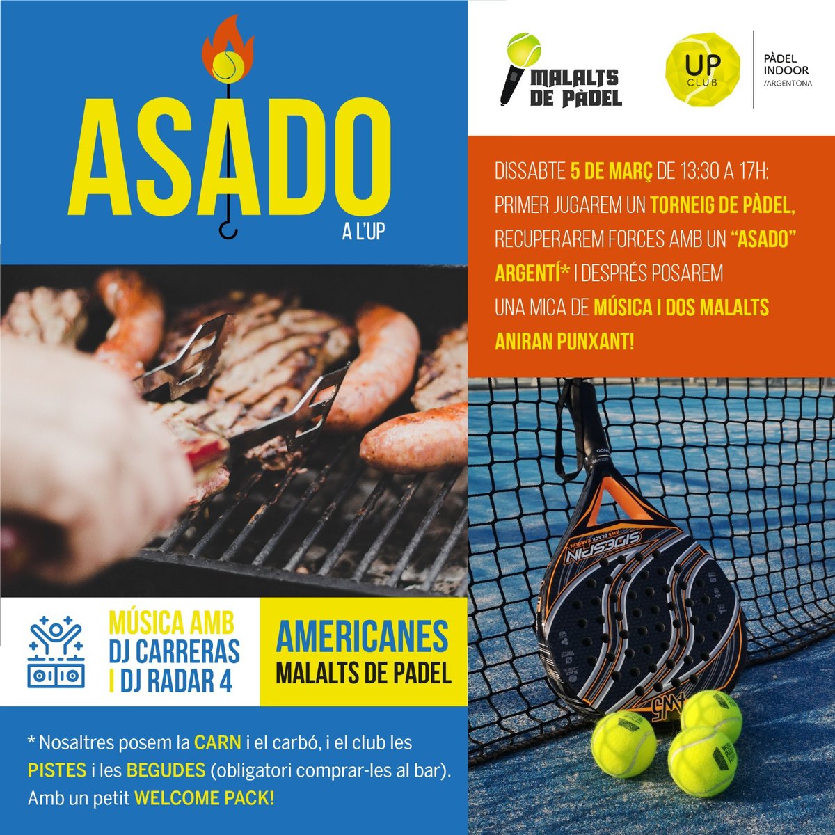Aquest dissabte tenim "planazo" de #padel 
#Americanamalaltsdepadel amb uns grans amics i amigues🎧🍻🥩🎾🎾