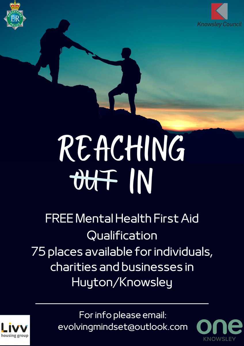 evmindset's tweet photo. We are offering 75 people in the #Knowsley community to be Mental Health First Aiders - completely free and funded by @MerseyPolice @KnowsleyCouncil &amp; @LivvHousing 
If you, your organisation or charity in the Knowsley area would benefit from this training please get in touch. https://t.co/ZqT5KYlU5V