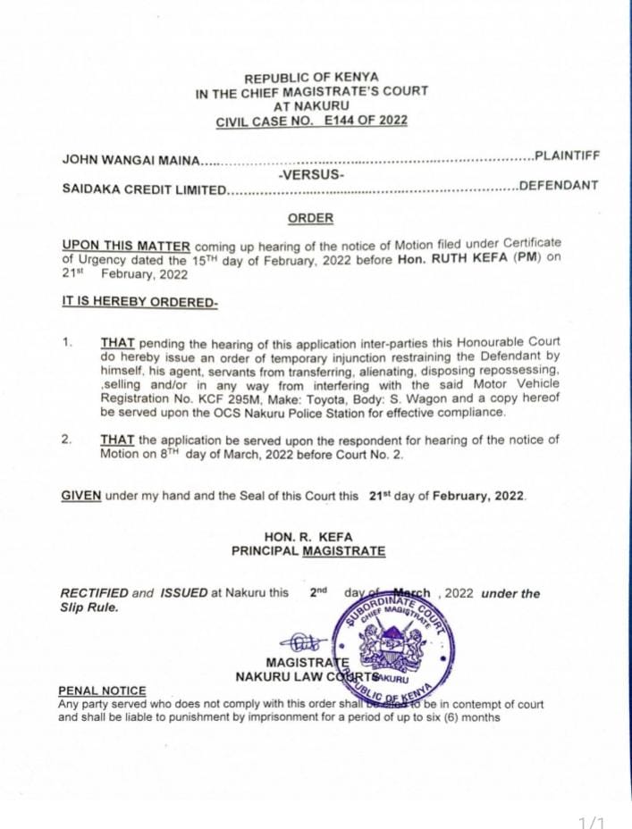 Our attention has been drawn to a Court order that had an inadvertent error. The same has been corrected under the Slip Rule and the rectified copy issued to the Applicant (copy attached)