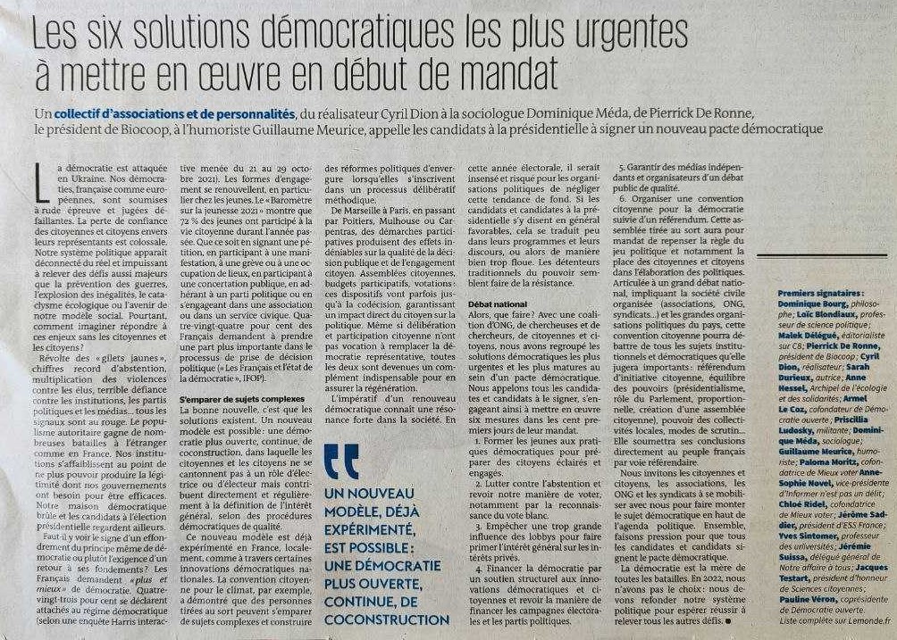 🔥 La tribune publiée dans <a href="/lemondefr/">Le Monde</a>, qui appelle les candidat·e·s à la #presidentielle2022 à signer un #PacteDemocratique de 6 mesures pour #FaireGagnerLaDemocratie, est sortie aujourd'hui en version papier.
🔊 Les mesures : fairegagnerlademocratie.fr/le-pacte-democ…
#LaDemocratieDabord