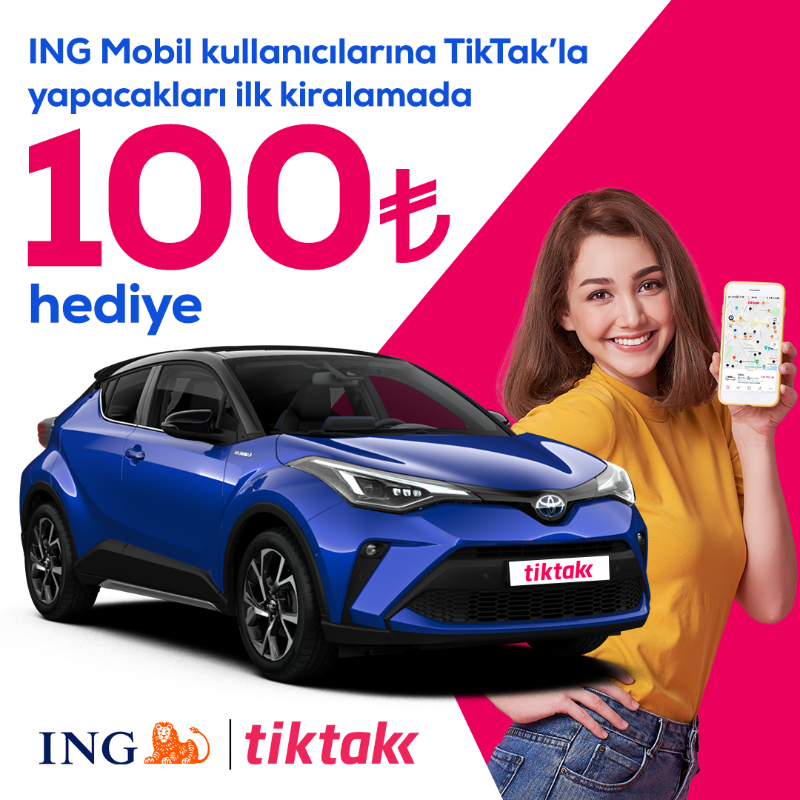 tiktakkirala's tweet photo. ING Mobil kullanıcıları, TikTak’ta ilk kiralamalarının ardından 100 TL hediye kazanıyor. Hemen TikTak indir, avantajlardan yararlan.