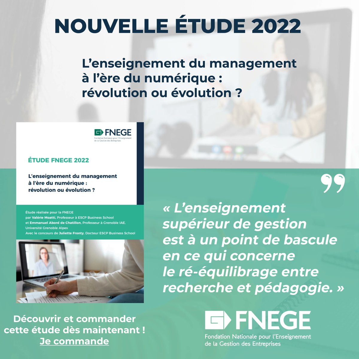 📚 Nouvelle étude FNEGE !

💡 « L’enseignement du management à l’ère du numérique : révolution ou évolution ? »

✏️ Etude coécrite par Emmanuel Abord de Chatillon et Valerie Moatti avec le concours de Juliette Fronty

🖱️ Commandez l'étude ! buff.ly/3KP1zN4
