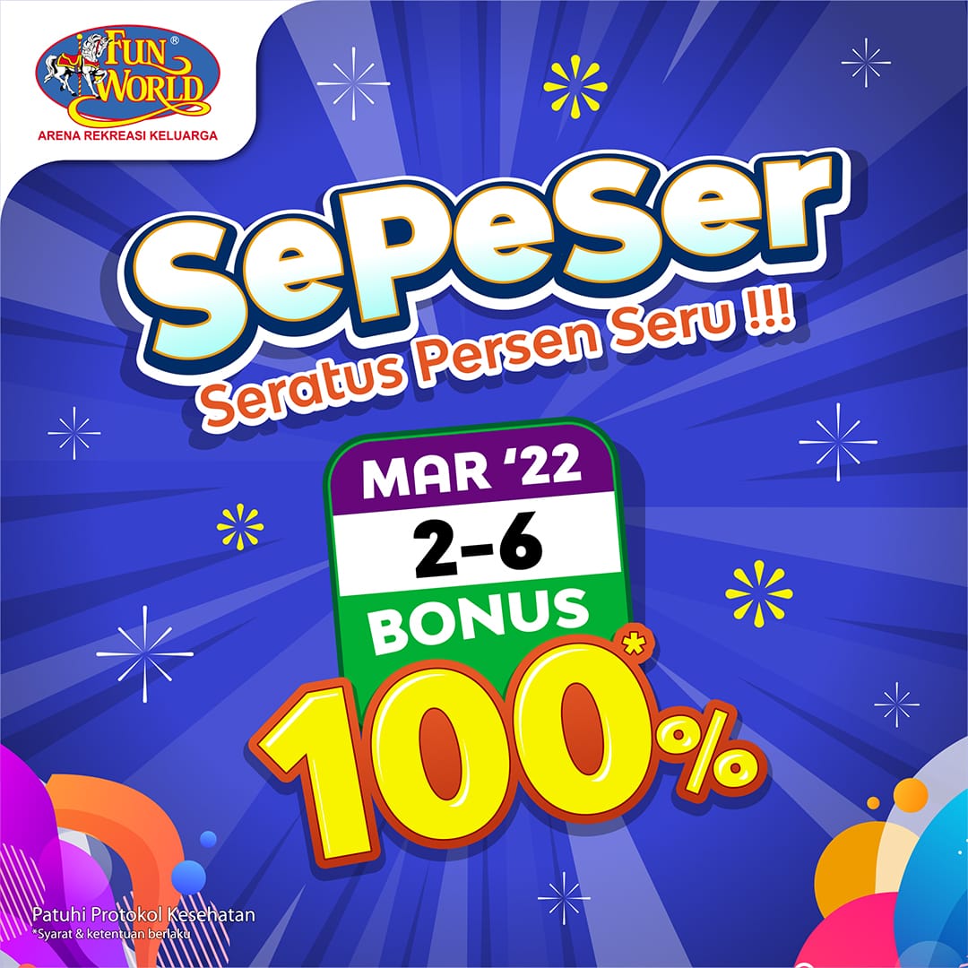 SEPESER by <a href="/funworld_id/">Funworld Indonesia</a> is BACK

Mulai tanggal 2 s.d 6 Maret 2022 Fun Friends kembali bisa mendapatkan bonus 100% 😍Promo ini berlaku di Funworld Tangcity Mall Lantai 2 ya. Ssstt... Wajib patuhi protokol kesehatan saat bermain di Funworld ya.

#tangcitypromo