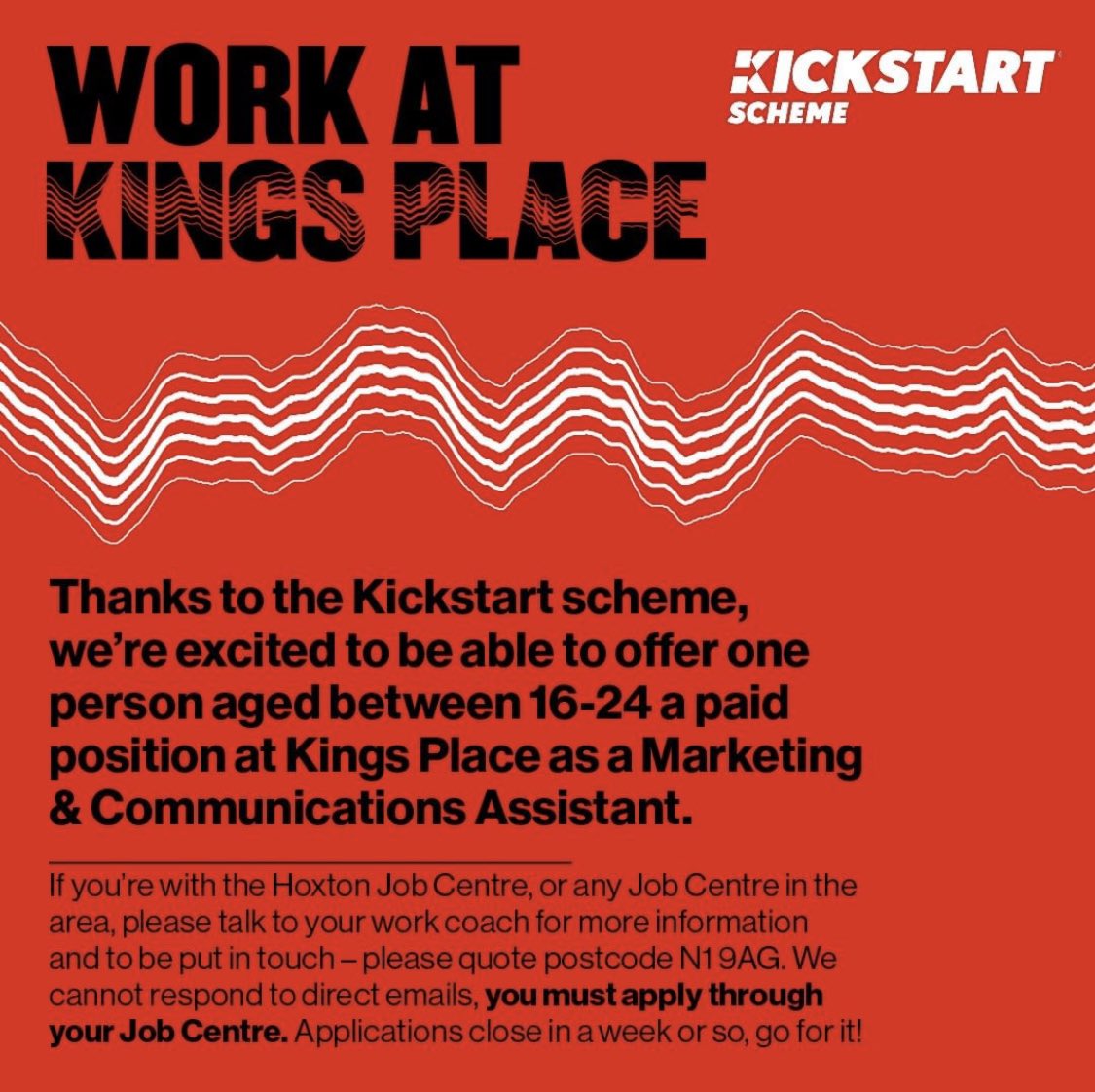 youngcreativec's tweet image. The fabulous @kingsplacelondon are looking for a new marketing and commutations assistant. 

Under the kick start scheme, 6 months job placement, 16 -24 and claiming Universal Credit. 

You will be assisting the team with artist programmes and enhancing the brand profile.