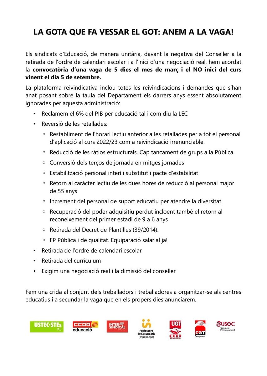 22Escola's tweet photo. @324cat Hola @324cat, el vostre titular eludeix mencionar literalment el 92% dels motius de la vaga, segurament degut a un desafortunat error i no a una estratègia de desinformació sobre els motius de la vaga. 
Gràcies per solucionar aquest curiós lapsus aviat. https://t.co/xETYwNk3TZ