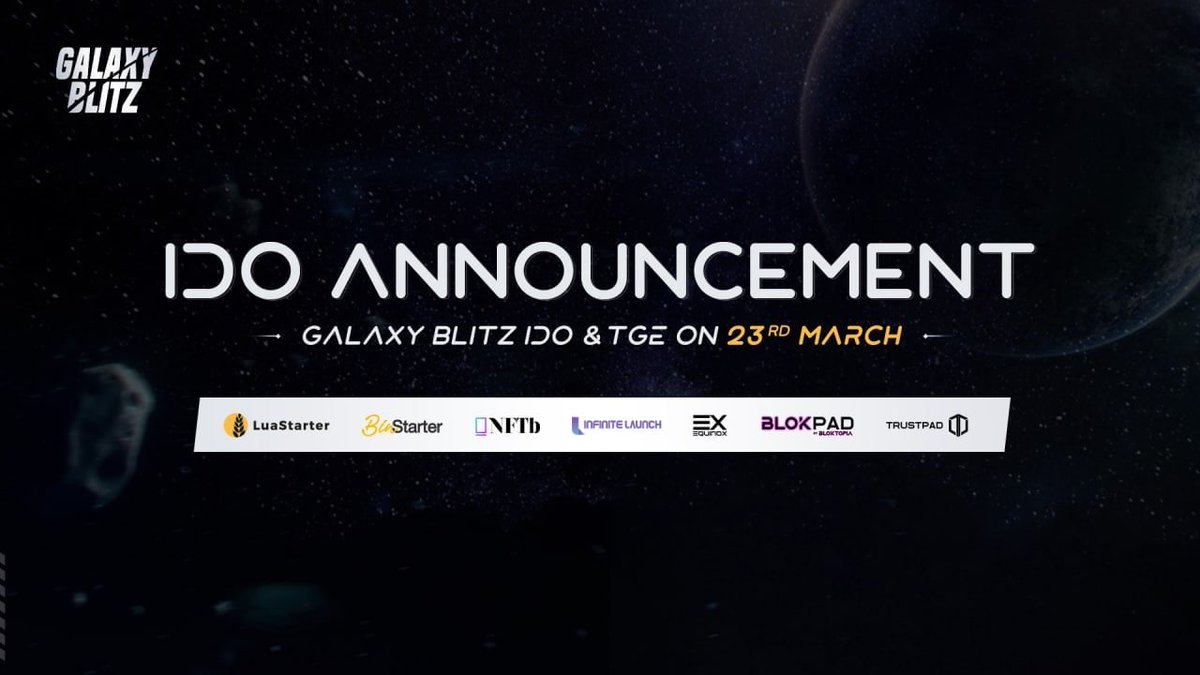 Airdrop: Galaxy Blitz (Airdrop Bot)
Reward: $10 in MIT
New: BinStarter, CertiK, TrustPad
Distribution date: After IDO

🔗Airdrop Link: t.me/GalaxyBlitzAir…