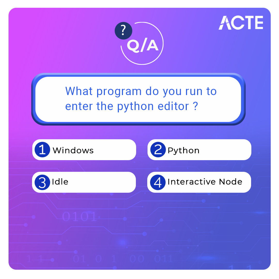 ACTEindia's tweet image. Tech Quiz: Who knows the answer comment fast?
Share the post with your friends and learn together.
Don't forget to explore #acte
Click and develop your career growth here: acte.in
#python #pythoneditor