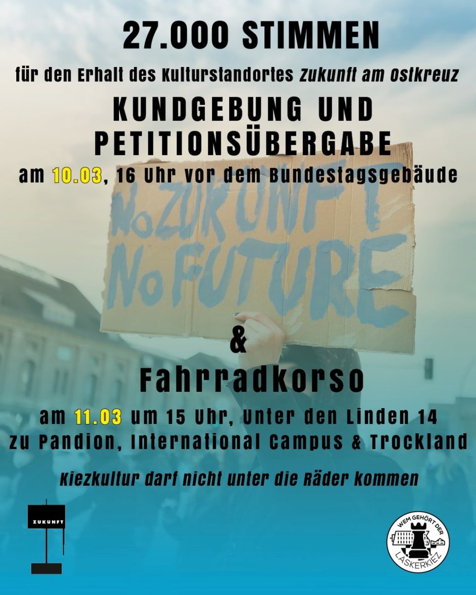 10.3.22 - 16 Uhr am Bundestag
 Petition gegen Verdrängung von Kultur und in Solidarisierung mit all den bedrohten und bereits verdrängten subkulturellen Zwischenräumen dieser Stadt!

11.3.,14 Uhr,
Unter den Linden 14:
Fahrradkorso zu Pandion, International Campus und Trockland!