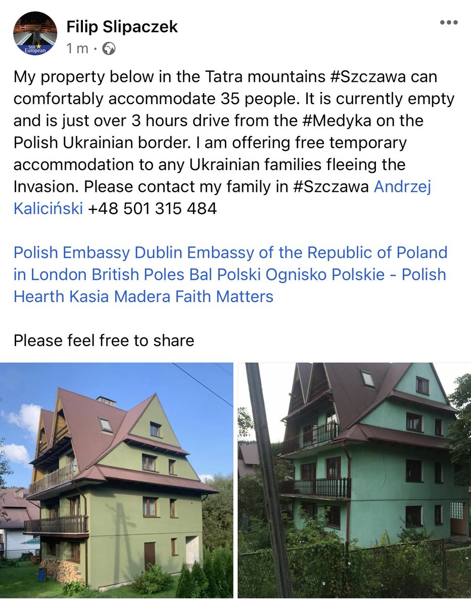 Filip Slipaczek (@fslipaczek) on Twitter photo PLEASE RETWEET! Real Help. Free accommodation for families fleeing #Ukraine to #Poland #solidarityWithUkraine #PolandFirstToHelp #Ukraina #solidarnizukraina #StandWithUkraine <a href="/PolishEmbassyUK/">Polish Embassy UK 🇵🇱</a> <a href="/Ukraine/">Ukraine / Україна</a> <a href="/UKRinPL/">Ukraine in Poland</a> <a href="/BBCKasiaMadera/">kasia madera</a> <a href="/FaithMattersUK/">Faith Matters</a> <a href="/britishpoles/">British Poles</a> <a href="/BalPolskiUK/">Bal Polski CIC</a> <a href="/posklondon/">POSK Polish Centre London</a> PLEASE RETWEET! Real Help. Free accommodation for families fleeing #Ukraine to #Poland #solidarityWithUkraine #PolandFirstToHelp #Ukraina #solidarnizukraina #StandWithUkraine <a href="/PolishEmbassyUK/">Polish Embassy UK 🇵🇱</a> <a href="/Ukraine/">Ukraine / Україна</a> <a href="/UKRinPL/">Ukraine in Poland</a> <a href="/BBCKasiaMadera/">kasia madera</a> <a href="/FaithMattersUK/">Faith Matters</a> <a href="/britishpoles/">British Poles</a> <a href="/BalPolskiUK/">Bal Polski CIC</a> <a href="/posklondon/">POSK Polish Centre London</a>