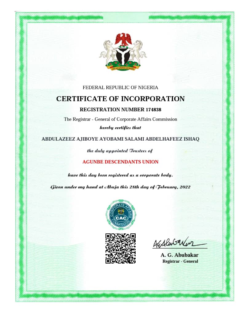 Ikirun_Agunbe's tweet image. *This is to notify the members AGUNBE DESCENDANTS UNION that we are fully registered under Federal Republic of Nigeria. General of Corporate Affairs Commission  with Registration Number: 174838*