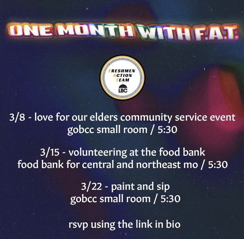 Freshman Action Team is bringing you a month filled with activities for you to get involved in! 

If you would like to attend any of the events, please RSVP using the link in our bio. We hope to see you there!