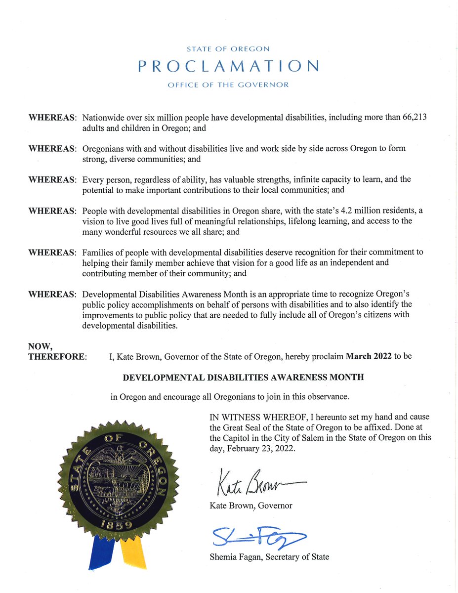 OregonODDS's tweet image. March is Developmental Disabilities Awareness Month! @OregonGovBrown kicked off Oregon's participation with this proclamation. @NACDD invites us all to share social media posts that raise awareness of #DevelopmentalDisabilities. #DDawareness2022 #DDAM2022 #WorldsImagined  @OCDD