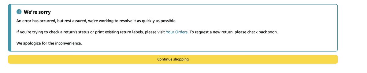 SouthernFatty's tweet photo. @amazonhelp Trying to create any return -- I get this. https://t.co/RI2OxNluKD