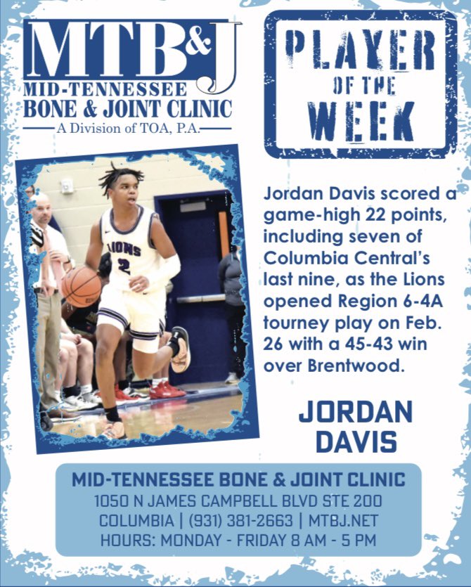 Columbia Central’s Jordan Davis is this week’s <a href="/MTBJClinic/">MTBJ</a> Player of the week … See MainStreetMaury.com for more <a href="/jjordandavis/">Jordan Davis</a> <a href="/CHSlionshoops/">Columbia Central Boys Basketball</a> <a href="/BCATHOOPS/">BCAT</a> <a href="/PrepHoopsTN/">Prep Hoops Tennessee</a> <a href="/MainStreetPreps/">Main Street Preps</a> <a href="/MainStreetMaury/">Main Street Maury</a> <a href="/MS_SportsToday/">Main Street Sports Today</a> #OnlyGameInTown