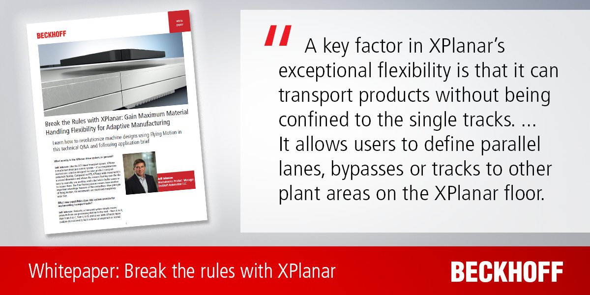 BeckhoffUSA's tweet photo. Want to gain absolute flexibility in product transport? Achieve true lot-size-1 production?
Learn more in this whitepaper on Flying Motion technology: https://t.co/WlRslhdQcb
#Beckhoff #Automation #XPlanar #FlyingMotion https://t.co/SJAEWm2tAF