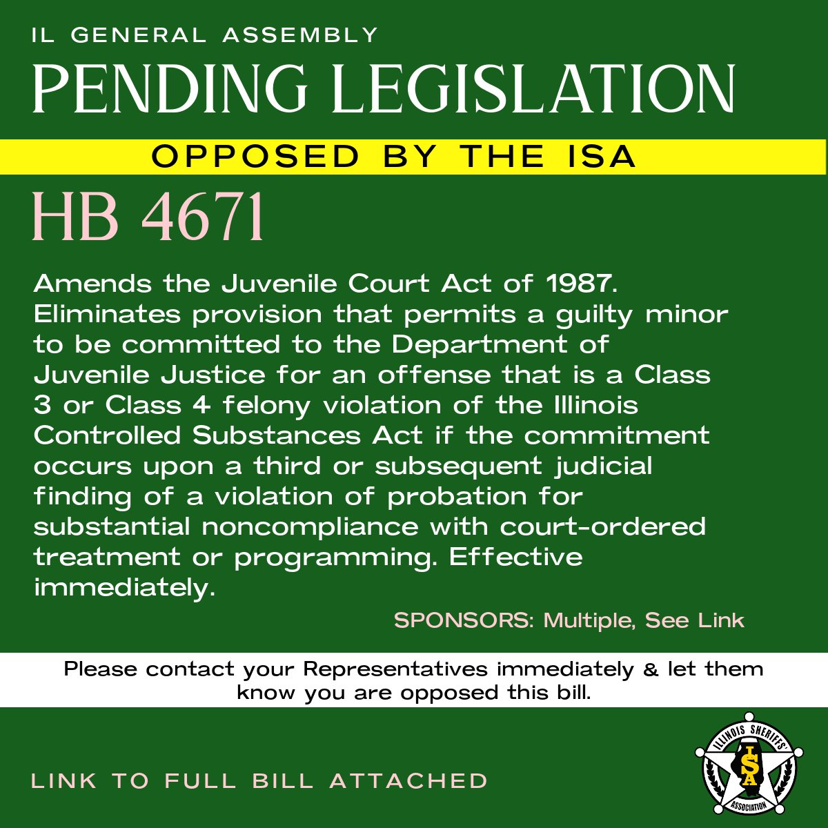 ILSheriffsAssoc's tweet image. HB 4671 - Opposed by the ISA

Link: ilga.gov/legislation/bi…
