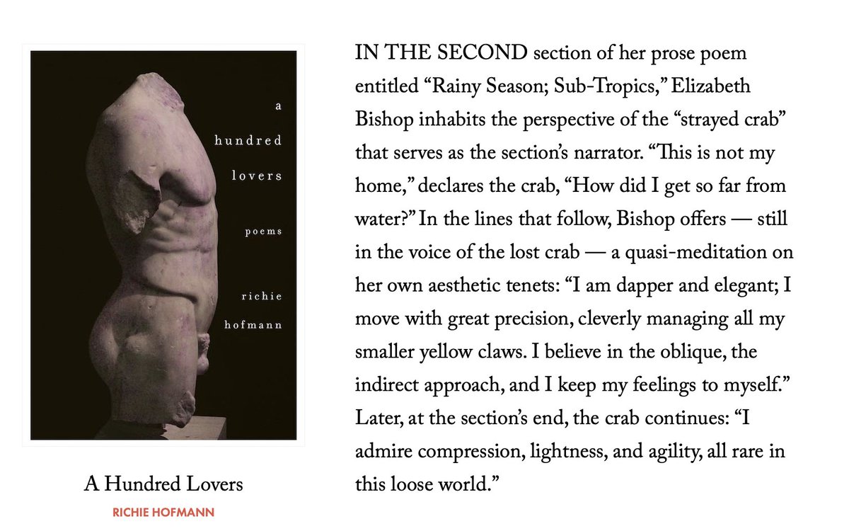 Delighted to share my review of Richie Hofmann's (<a href="/RichieHof/">Richie Hofmann</a>) A HUNDRED LOVERS, just out in <a href="/LAReviewofBooks/">Los Angeles Review of Books</a>.

If you haven't read this gorgeous collection yet—well, read it! (&amp; then maybe read some Bishop...)

lareviewofbooks.org/article/a-serv…