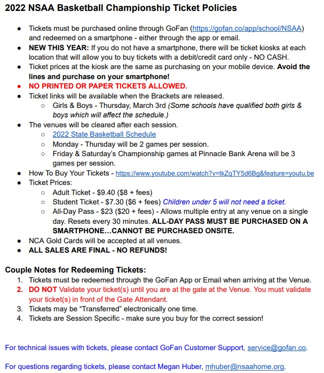 Basketball Fans: Tickets for Girls &amp; Boys Basketball will not go on sale until Thursday, March 3rd after the Boys Bracket has been released. 

Some schools have qualified both girls &amp; boys which will affect the schedule.

Please read the ticket information below. #nebpreps