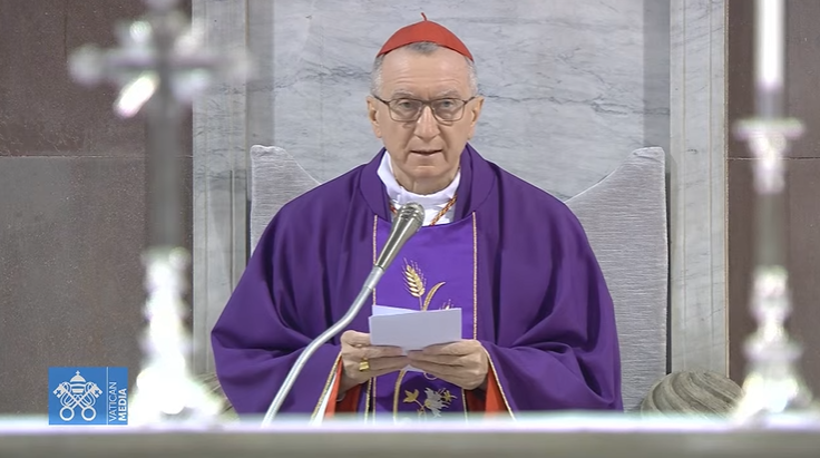 CatholicNewsSvc's tweet photo. +Parolin reads homily prepared by #PopeFrancis: Those who seek worldly rewards never find peace or contribute to peace. They lose sight of God &amp; their brothers &amp; sisters. This is a risk we all face, and so Jesus tells us to “beware” of hypocrisy, to not seek admiration. https://t.co/Ozp8wFqLgl