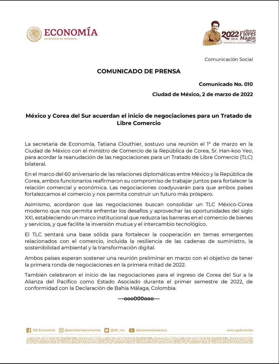 SE_mx's tweet image. #Comunicado | México🇲🇽 y Corea del Sur🇰🇷 acuerdan el inicio de negociaciones para un Tratado de Libre Comercio.