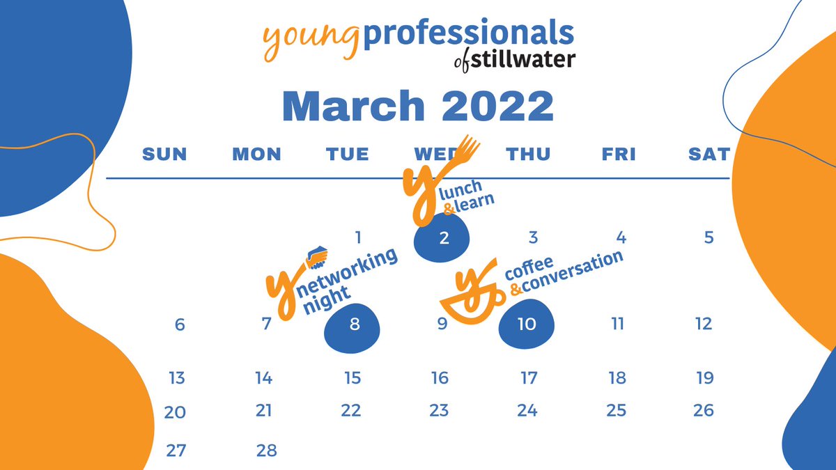 YPStillwater's tweet photo. We are looking forward to seeing you in March! Morning, noon or night, there's a chance for you to network and learn with other young professionals. Visit the @STWChamber website at https://t.co/7VNtarKGlK to RSVP. https://t.co/9HTj6MJRre