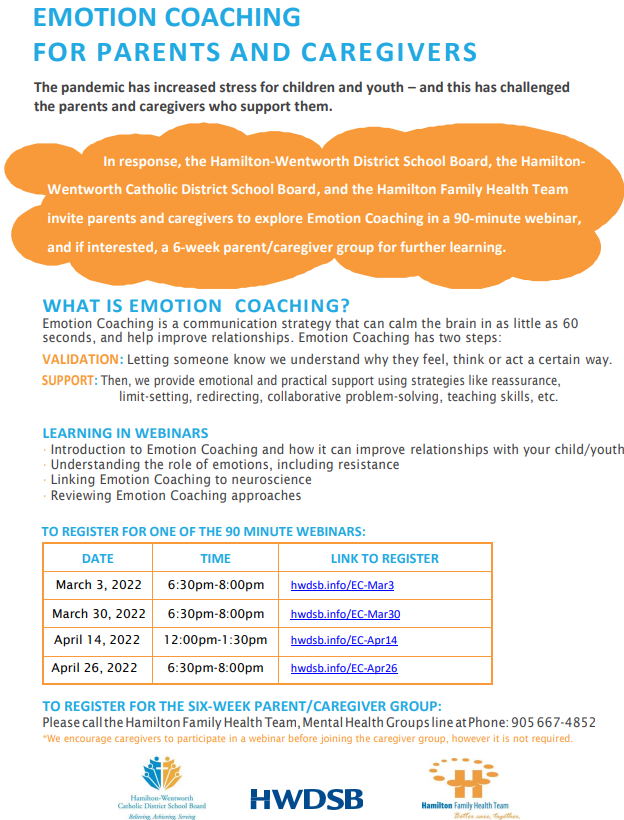 The pandemic has increased stress for children and youth – and this has challenged the caregivers who support them.

In response, HWDSB invites parents and caregivers to explore Emotion Coaching: hwdsb.on.ca/blog/emotion-c…

Register for the March 3 webinar: hwdsb.info/EC-Mar3