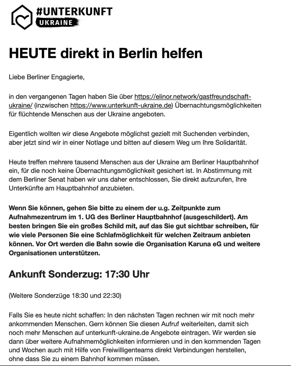 +++ Berlin Hosts gesucht +++

Heute um 17:30, 18:30 und 22:30 kommen am Berliner Hauptbahnhof Sonderzüge mit Geflüchteten an. Wenn ihr einen Schlafplatz frei habt, kommt vorbei. Schon eine Nacht kann helfen. Spread the Word!

#UnterkunftUkraine