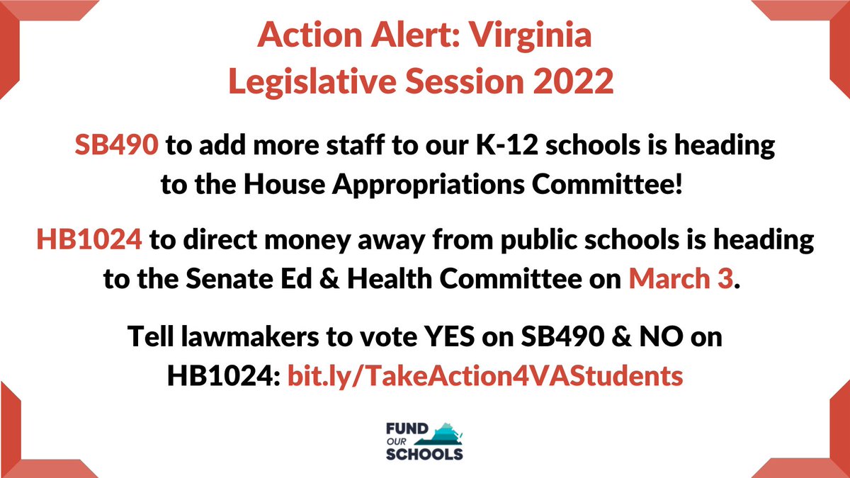 🚨 ALERT: Thanks to your advocacy, SB490 to add more staff to schools is heading to House Appropriations! Meanwhile, HB1024 to direct $$ AWAY from public #K12 schools is going to Senate Education & Health. Tell committee members to #FundOurSchools @ bit.ly/TakeAction4VAS…!