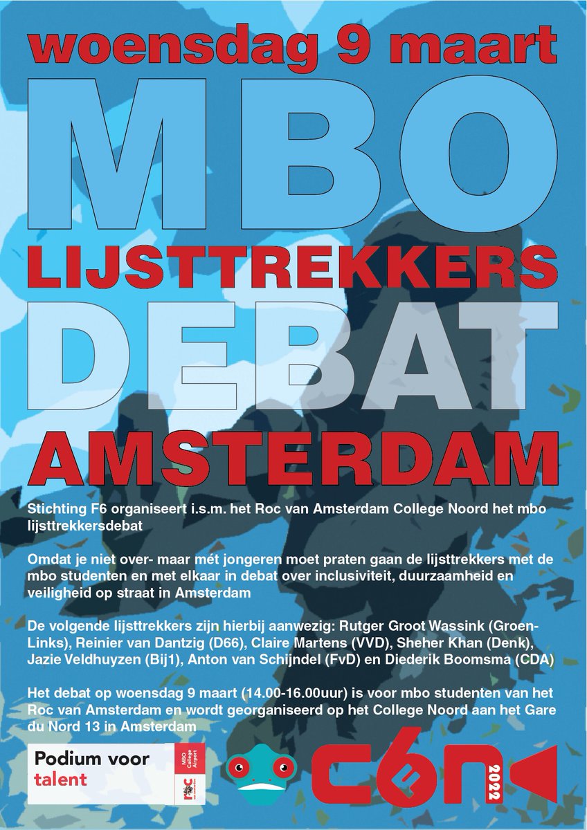 mbo lijsttrekkers debat! Met de lijsttrekkers van: <a href="/GroenLinks020/">GroenLinks Amsterdam</a>, <a href="/d66amsterdam/">D66 Amsterdam</a>, <a href="/pvda_amsterdam/">PvdA Amsterdam</a>, <a href="/VVDAmsterdam/">Amsterdamse VVD</a>, <a href="/DenkNL/">DENK</a>, <a href="/PvdDAmsterdam/">Partij voor de Dieren Amsterdam</a>, @bij1 amsterdam, <a href="/CDAAmsterdam/">CDA Amsterdam</a> en <a href="/FVDamsterdam020/">FVD Amsterdam</a>