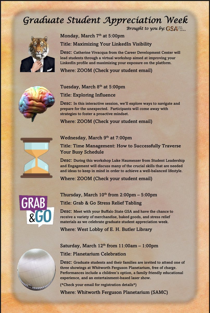 Graduate Student Appreciation Week is March 7-12! Check out the awesome events that you can attend! Hope to see you there! #bscexed #buffalostate