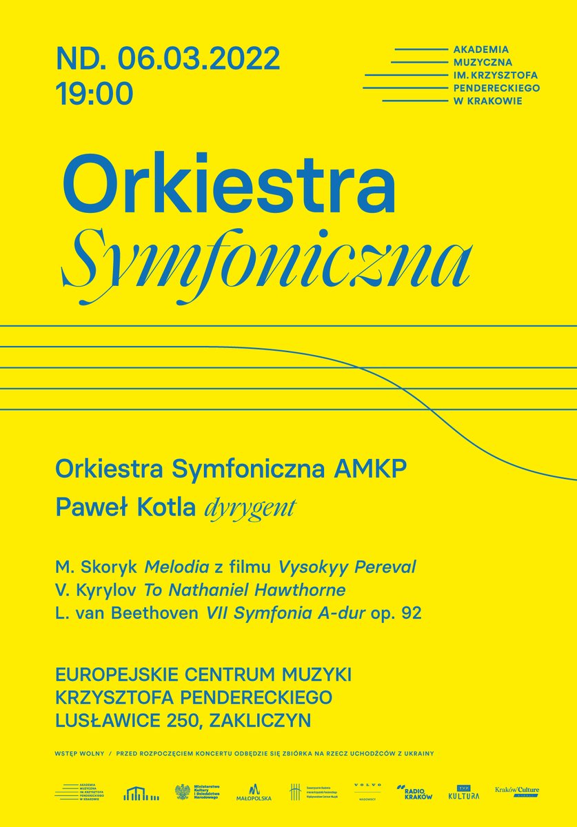 Zapraszamy w niedzielę 6.03.2022 o 19:00 na koncert charytatywny Orkiestry Symfonicznej AM im.Krzysztofa Pendereckiego w Krakowie którą poprowadzi Paweł Kotla. Przed rozpoczęciem koncertu odbędzie się zbiórka pieniężna na rzecz uchodźców z Ukrainy. Wstęp wolny! #solidarnizukraina