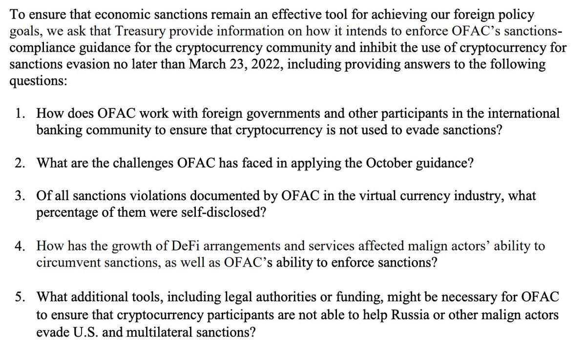 Over in the Senate, 4 Democrats including Sens. Sherrod Brown and Elizabeth Warren, write to Treasury Sec. Janet Yellen expressing concern that the "cryptocurrency industry may not be fulfilling its responsibility to comply with U.S. sanctions." warren.senate.gov/imo/media/doc/…