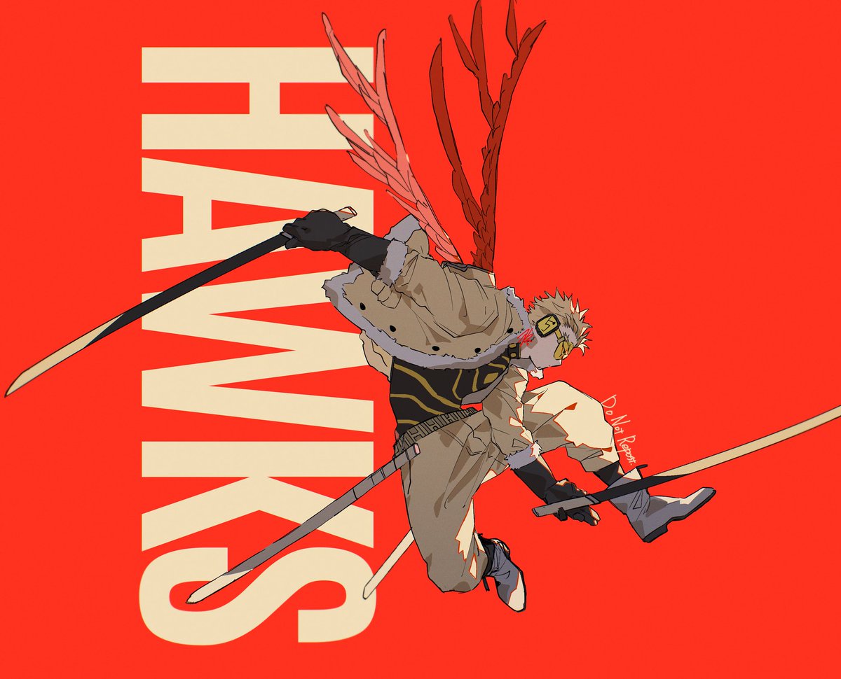 hawks (boku no hero academia) 1boy male focus solo wings holding weapon sword  illustration images