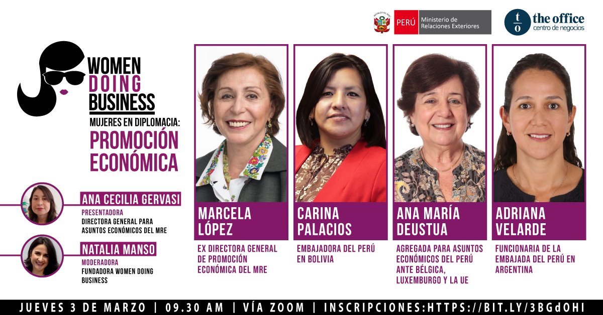 CancilleriaPeru's tweet photo. Regístrate en el conversatorio "Women Doing Business – Mujeres en Diplomacia: promoción económica", donde se destacará el rol de las mujeres en la promoción del comercio, turismo e inversiones a través de la diplomacia.
👉 https://t.co/0FeCK4G40X https://t.co/apDcgZuvXz