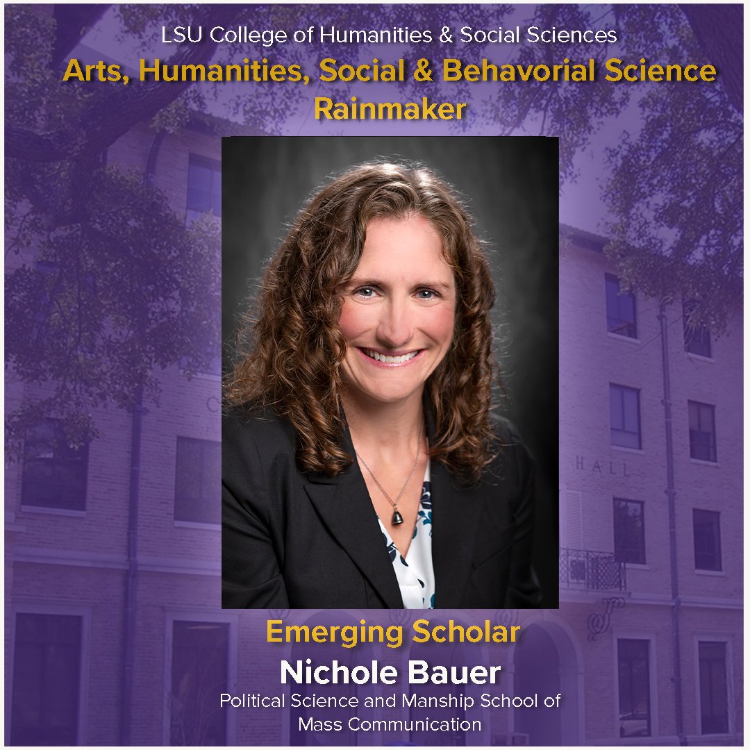 LSU College of Humanities & Social Sciences (@lsuhss) on Twitter photo Congratulations to <a href="/Poli_LSU/">Political Sci @ LSU</a> and <a href="/ManshipSchool/">LSU Manship School of Mass Communication</a> Dr. Nichole Bauer, the <a href="/lsuresearch/">LSU Research</a> Rainmaker Emerging Scholar Award Recipient!
Visit lsu.edu/hss/news/bauer… to learn more! Congratulations to <a href="/Poli_LSU/">Political Sci @ LSU</a> and <a href="/ManshipSchool/">LSU Manship School of Mass Communication</a> Dr. Nichole Bauer, the <a href="/lsuresearch/">LSU Research</a> Rainmaker Emerging Scholar Award Recipient!
Visit lsu.edu/hss/news/bauer… to learn more!