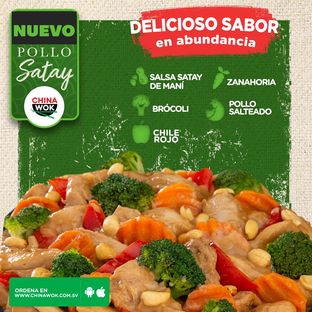 Si va a cumplir tu antojo de algo rico ¡que sea en abundancia! 😉 Pide  Pollo Satay con sus deliciosos trozos de pollo, brocoli, zanahoria, chile  rojo y maní, salteados al wok, image size:1080x1080
