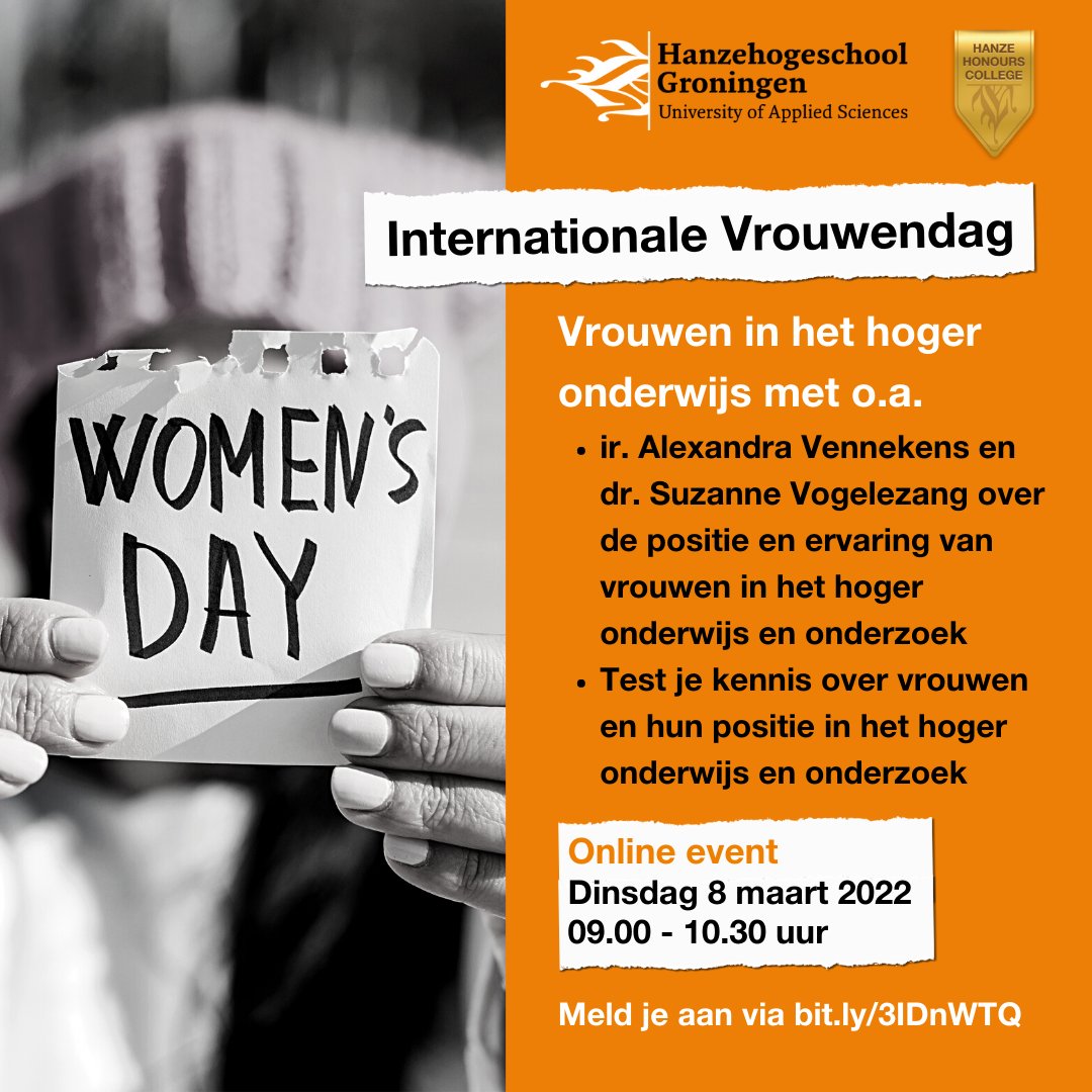 Op dinsdag 8 maart (Internationale Vrouwendag) organiseert het lectoraat Talentontwikkeling in Hoger Onderwijs en Samenleving een online event van 09.00-10:30 over de positie van vrouwen in het hoger onderwijs en onderzoek. Geïnteresseerd? 👉🏻 Meld je aan: bit.ly/3IDnWTQ