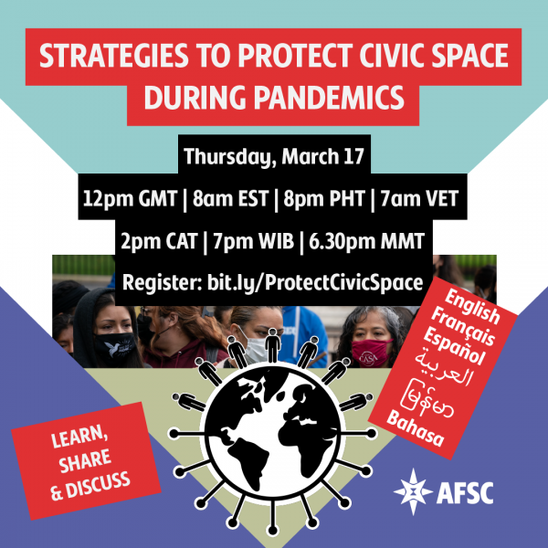 afsc_org's tweet photo. Our #UnderTheMask project invites you to "Strategies to Protect Civic Space During Pandemics," a special event convening international organizations to discuss the shrinking of civic space during the pandemic. Multilingual info and registration here: https://t.co/BM0iDLRn6F https://t.co/tHeWal3690