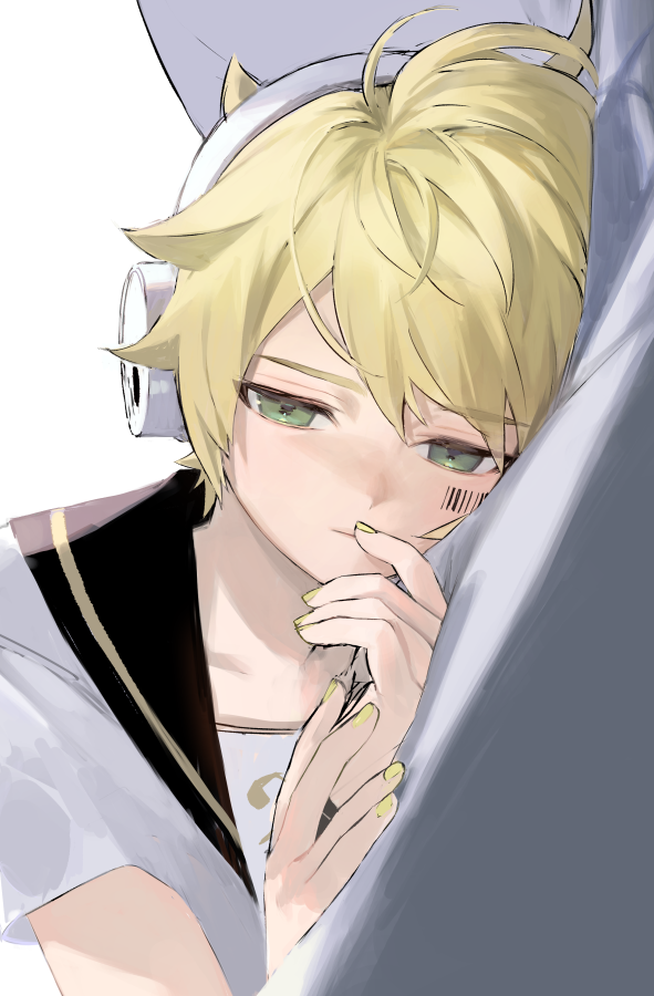 kagamine len barcode blonde hair male focus 1boy lying barcode tattoo shirt  illustration images