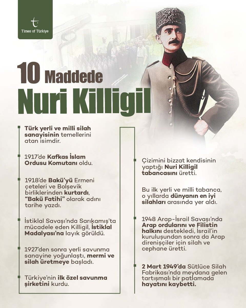 PORTRE | #NuriKilligil

📍Türk modern savunma sanayiinin temellerini atan Nuri Killigil, 73 yıl önce bugün İstanbul, Sütlüce Silah Fabrikası’nda meydana gelen tartışmalı bir patlamada hayatını kaybetti.

📍İşte 10 maddede Nuri Killigil portresi 👇👇👇