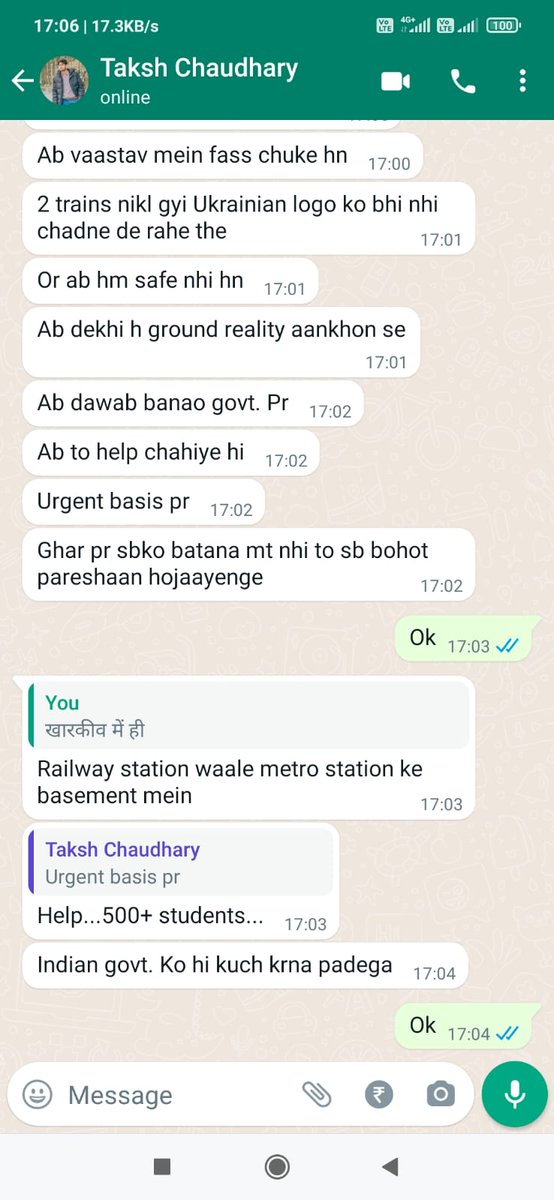NavenduSingh_'s tweet photo. Please help @IndiainUkraine @MEAIndia ! There are more than 500 students stuck in the basement of Metro Station. @manuazad_ 's nephew  who is stuck there communicating in the screenshots. https://t.co/j5mFLTOMjD