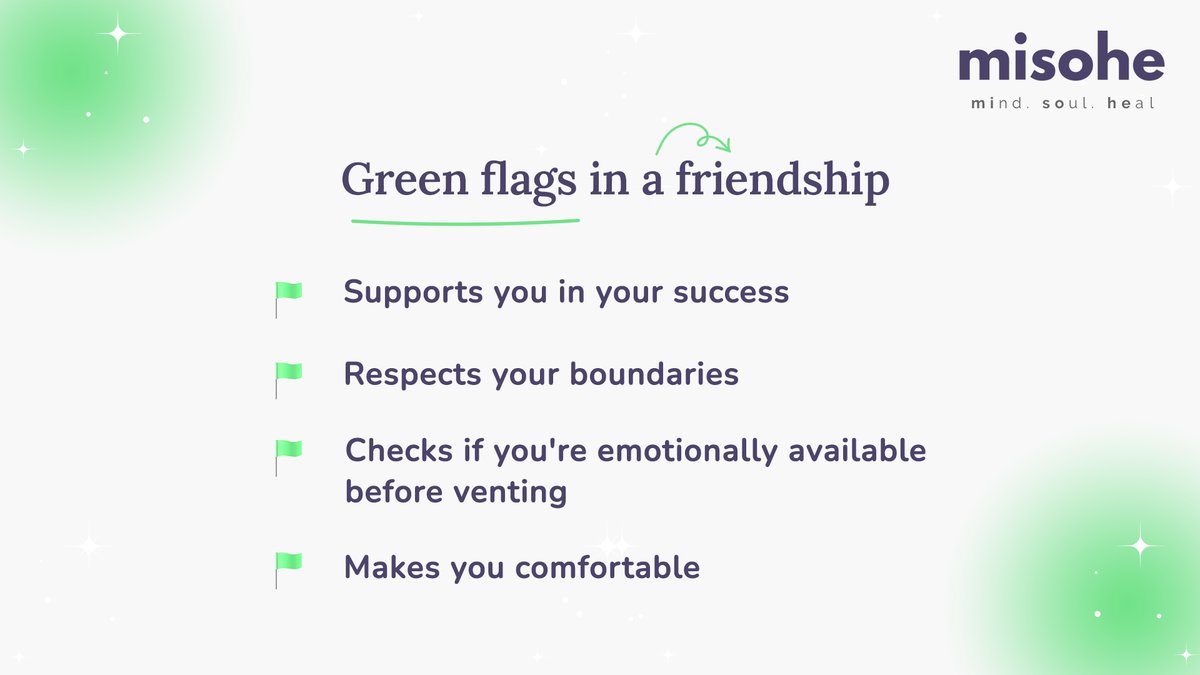 misoheHQ's tweet photo. Here's a checklist of green flags that might help you evaluate whether your friendship has the potential to stay fulfilling for a lifetime. A true friend is always around for you to talk to; all you've got to do is pick up the phone.
 #OwnYourMisohe
#mentalhealth #selfcare#health https://t.co/niJNUQNFN1